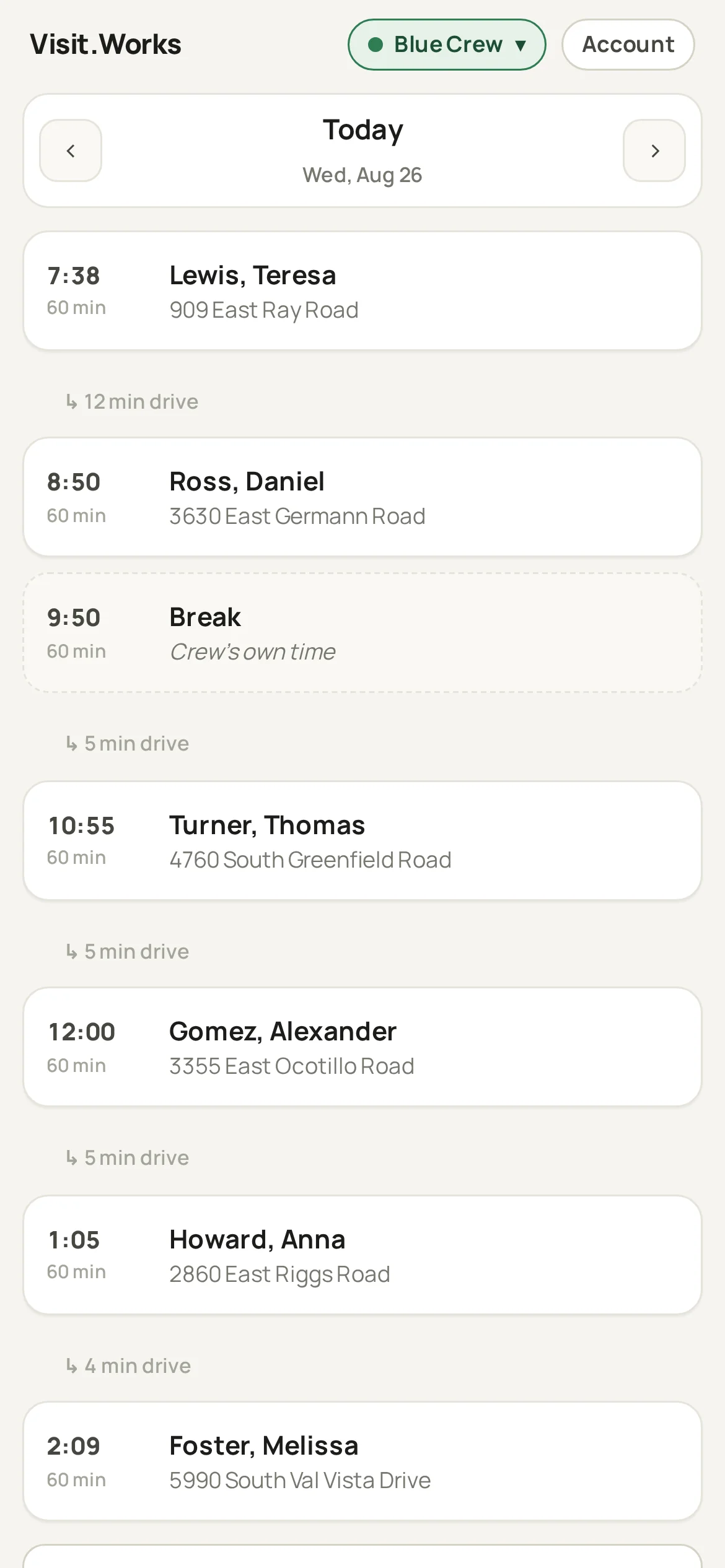 A crew&rsquo;s day on a phone: stops in order with the drive time between each, and a break in the middle of the day.